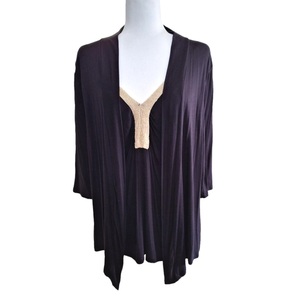 August Silk Metallic Gold Black Jersey Knit 3/4 Sleeve Cardigan Twin Set szM